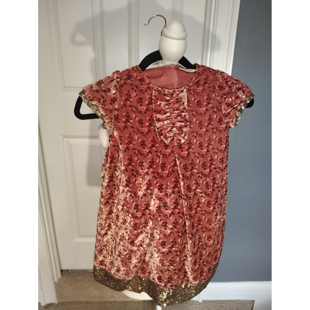 Mini Boden Girls Pink Floral Velvet Sequin Dress Rose Gold Party Holiday 5-6Y